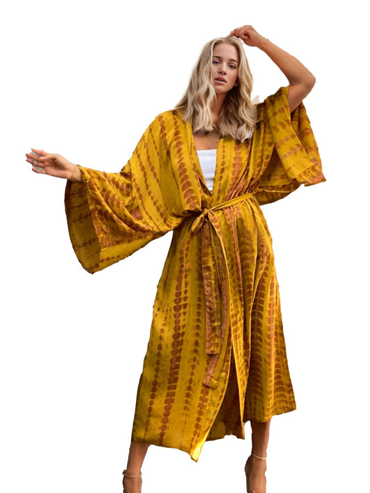 Boho Tie Dye Print Belted Kimono